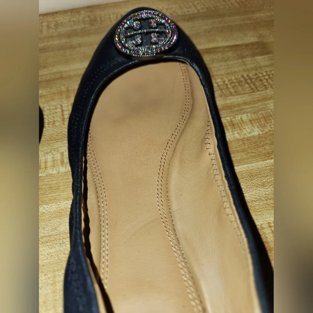TORY BURCH Minnie Embellished Logo Travel Ballet Flat, size 7M